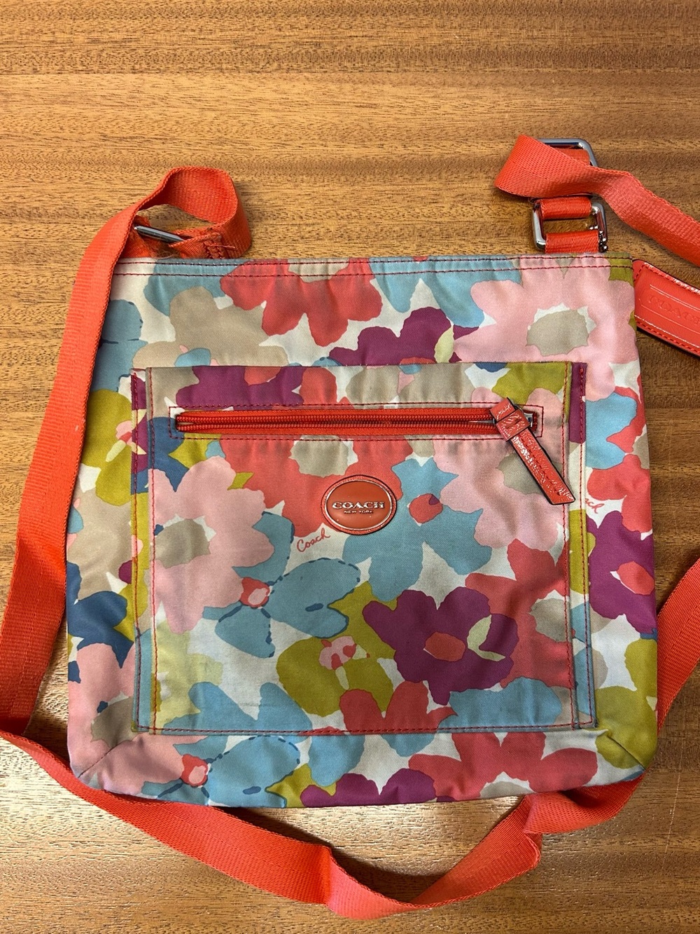 COACH Floral Nylon Crossbody Bag in Coral Strap and Multi-Color Print